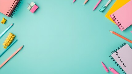 Blue Background with Colorful Office Supplies and Copy Space