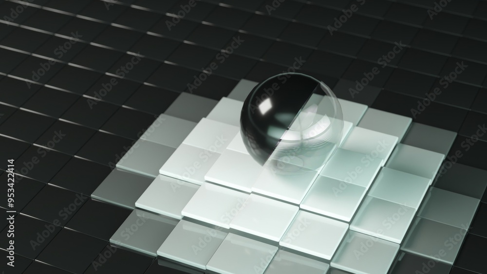 Poster 3d render of a black and white sphere on glossy geometric tiles in a dark minimalist setting