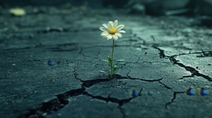 Mindfulness portrayed as a blooming flower growing from a cracked concrete (copy space, awareness and growth, realistic, Overlay, urban street backdrop)