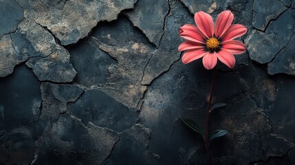 Mindfulness portrayed as a blooming flower growing from a cracked concrete (copy space, awareness and growth, realistic, Overlay, urban street backdrop)