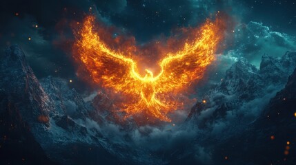 Fototapeta premium Resilience symbolized by a phoenix rising from ashes under a night sky (close up, overcoming adversity, dynamic, Fusion, mountain peak backdrop)