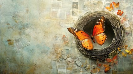 Obraz premium Hope symbolized by a butterfly emerging from a cocoon made of newspaper clippings (copy space, transformation, whimsical, Overlay, library backdrop)