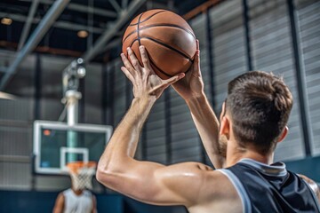 Fototapeta premium Dynamic Focus on Basketball Player's Moment. A basketball player is captured in mid-action, with a sharp focus on his hands holding the basketball, ready to shoot. 