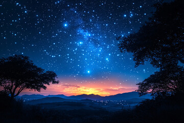 Fototapeta premium A beautiful starry night sky panorama in blue tones, perfect for relaxing backgrounds, stargazing promotions, and nature-themed designs.