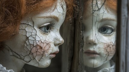 Perfectionism visualized as a doll with a cracked porcelain face staring at its own reflection (close up, self-criticism, realistic, Manipulation, abandoned house backdrop)