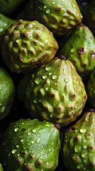 Fototapeta premium Fresh green Sugar apple or custard apple with waterdrops, exotic tropical Thai annona or cherimoya fruit, healthy food, background for food or health commercial