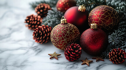 Red Christmas ornaments with gold glitter, pine cones and evergreen branches on a marble background. Generated with AI.