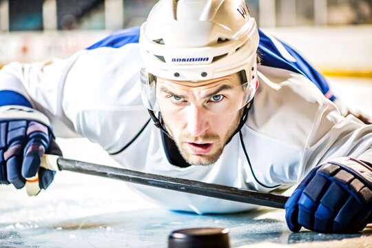 Intense Focus: Ice Hockey Player in Action. A close-up, dynamic shot of a determined ice hockey player in white jersey and helmet, leaning forward with hockey stick extended.