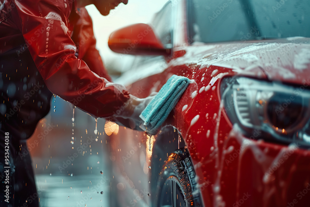 Wall mural a man polishes a car with a yellow cloth,