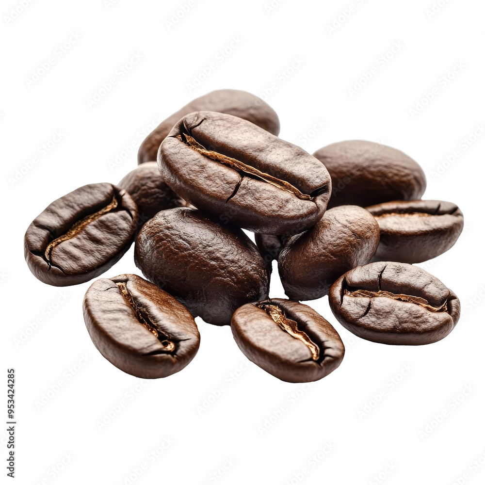 Wall mural A collection of dark roasted coffee beans on a transparent background showcases their glossy surfaces and unique shapes, coffee beans on transparent background