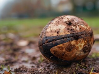 Mud Streaked Rugby Ball on Field Capturing Intensity and Rawness of Sport