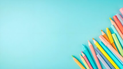 Fototapeta premium Colorful Pencils & Markers on Blue Background - Back to School