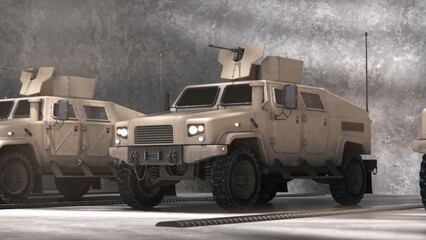 Obraz premium 3d render of a military armored car in a garage setting with detailed textures and side view
