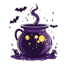 Cute Halloween cauldron with bubbling potion and whimsical bats on a white background