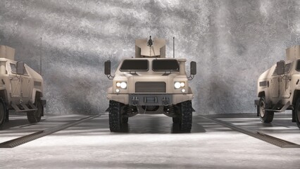 3d render of a front view of an armored military vehicle inside a concrete garage