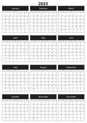 2025 Calendar Template. Vector calendar. Week starts sunday. Calendar template in minimal design