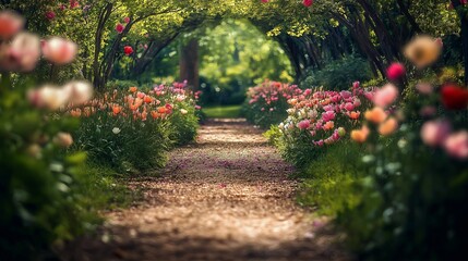 Photograph a charming garden path lined with blooming flower