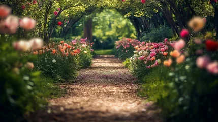 Photograph a charming garden path lined with blooming flower