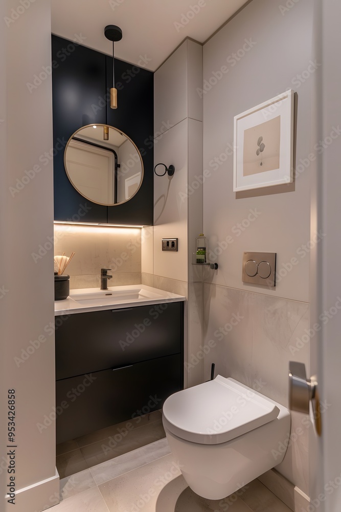 Wall mural A photo of the modern bathroom in an apartment, white walls with light gray tiles on floor and wall, one black cabinet under sink, toilet is integrated into flooring, 