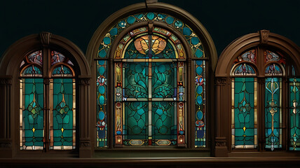 Obraz premium Victorian-style window with ornate frames, stained glass accents, isolated on a deep green background