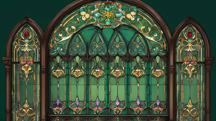 Victorian-style window with ornate frames, stained glass accents, isolated on a deep green background