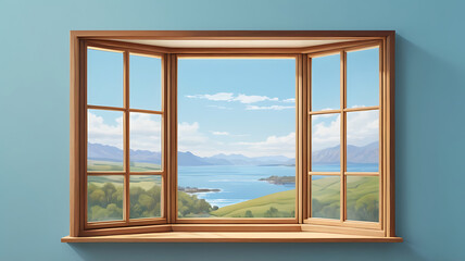 Fototapeta premium Large bay window with expansive view, clear glass, simple wooden frame, set on a plain light blue background