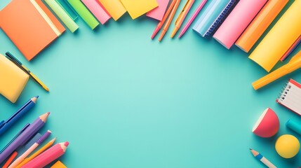 Fototapeta premium Colorful School Supplies Border on Teal Background