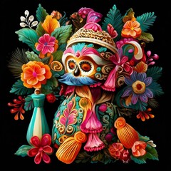 Intricate Dia de los Muertos skull adorned with a mustache, colorful floral embellishments, and decorative patterns, symbolizing Mexican cultural heritage.