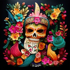Colorful Dia de los Muertos skull featuring intricate floral decorations and ornate patterns, symbolizing the festive spirit of Mexican culture.