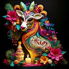 Intricately decorated Dia de los Muertos goat adorned with vibrant floral accents and a lit candle, symbolizing Mexican cultural traditions and celebration.