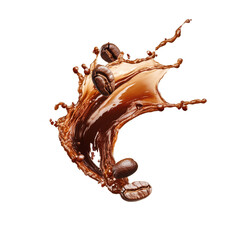 Fototapeta premium A rich coffee splash erupts while coffee beans scatter across a clean PNG surface, coffee splash with coffee beans on transparent background