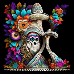 Fototapeta premium Intricately designed Dia de los Muertos skeleton adorned with an ornate hat and vibrant floral accents, symbolizing Mexican cultural traditions and celebration.