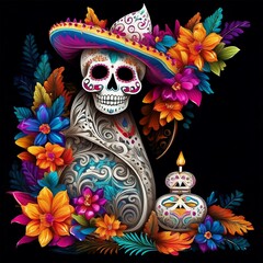 Intricately designed Dia de los Muertos skeleton adorned with a colorful hat, vibrant floral accents, and a lit candle, symbolizing Mexican cultural traditions and celebration.