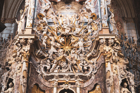 Toledo, Spain; 08 20 2024: Picture of El Transparente (Transparent in english), the Baroque altarpiece of the Virgin and Child in ambulatory at the Cathedral of Toledo and made by Narciso Tom&eacute; in 1732