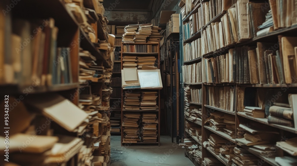 Wall mural Old documents, books, and archives are kept in the library.