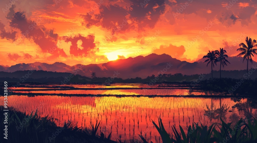 Aufkleber sunset over a serene rice field, with the sky ablaze in orange and pink hues. silhouettes of distant
