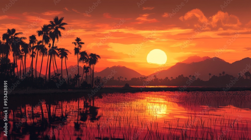 Aufkleber sunset over a serene rice field, with the sky ablaze in orange and pink hues. silhouettes of distant
