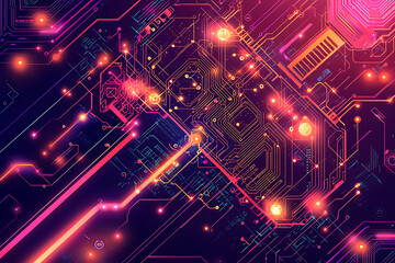 Fototapeta premium A vibrant digital illustration of a circuit board with various electronic components such as capacitors, resistors, and pathways