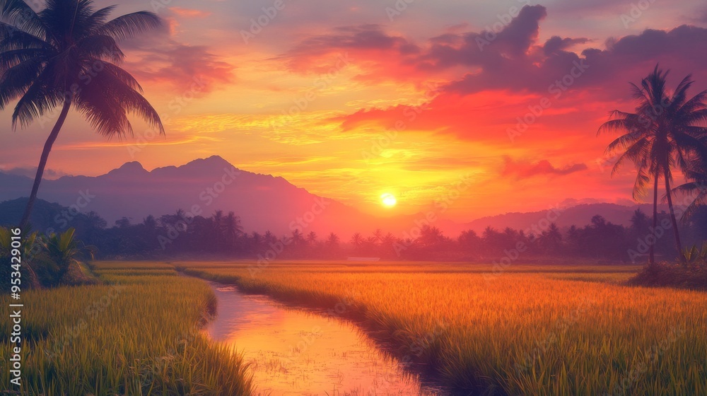 Aufkleber sunset over a serene rice field, with the sky ablaze in orange and pink hues. silhouettes of distant