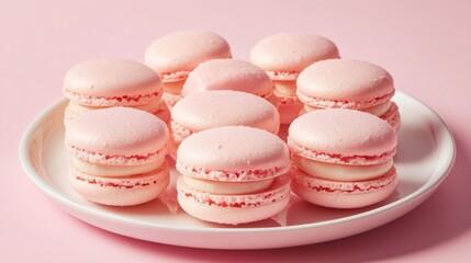 Obraz premium Sweet pink macarons neatly arranged on a white plate, with a soft pink background enhancing the pastel colors and delicate texture of the treats.