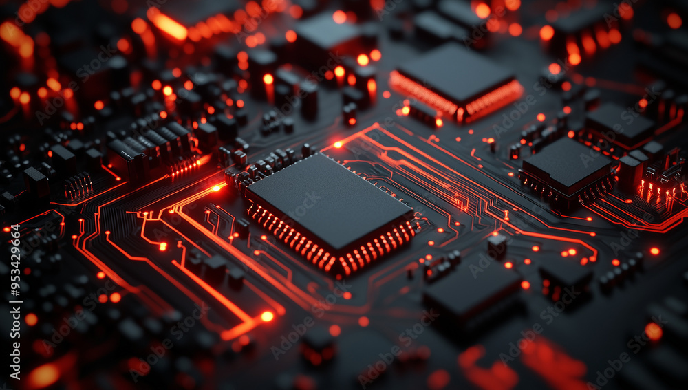 Poster a close up of an advanced circuit board with glowing red and black components, showcasing the power 