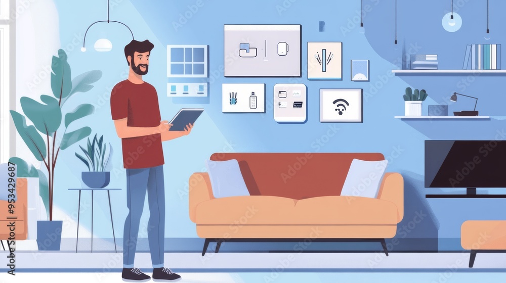 Poster tech-savvy professional using a tablet to control smart home devices, with various smart gadgets vis