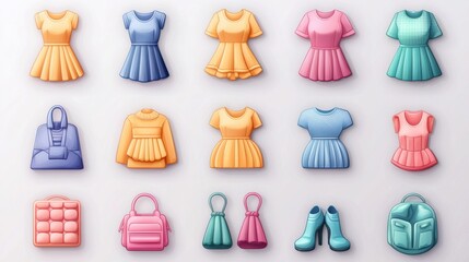 Chic Pastel-Colored 2D Icon Set for Fashion App - Clothing Categories, Dresses, Shoes, Accessories