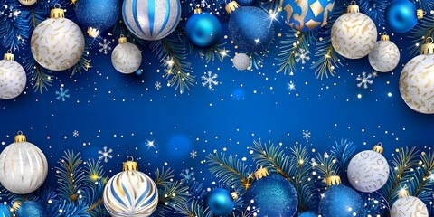 Winter Holiday Background with Christmas Tree Baubles and Blurry Lights, Festive Decor Design with Happy New Year Landscape Wallpaper Background. Copy Space for Text