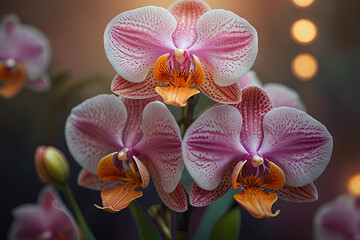 Vibrant Portrait of Pink and Orange Orchid Blossoms with Glowing Lights in Dreamy, Ethereal Background