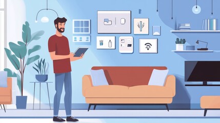 Tech-savvy professional using a tablet to control smart home devices, with various smart gadgets visible in a modern, tech-integrated living room.