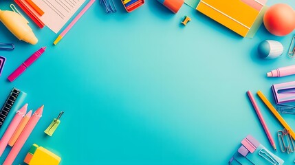Colorful School Supplies Flat Lay on Turquoise Background