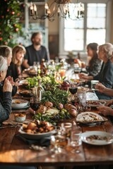 A multi-generational family gathered around a beautifully set dining table, enjoying a festive meal together in a warm, cozy setting with soft lighting and a lively atmosphere.