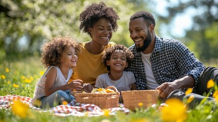 Happy African American family enjoying a picnic outdoors on a sunny day
