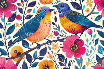 Obraz premium Cartoon pattern of birds and flowers in bright colors for children.